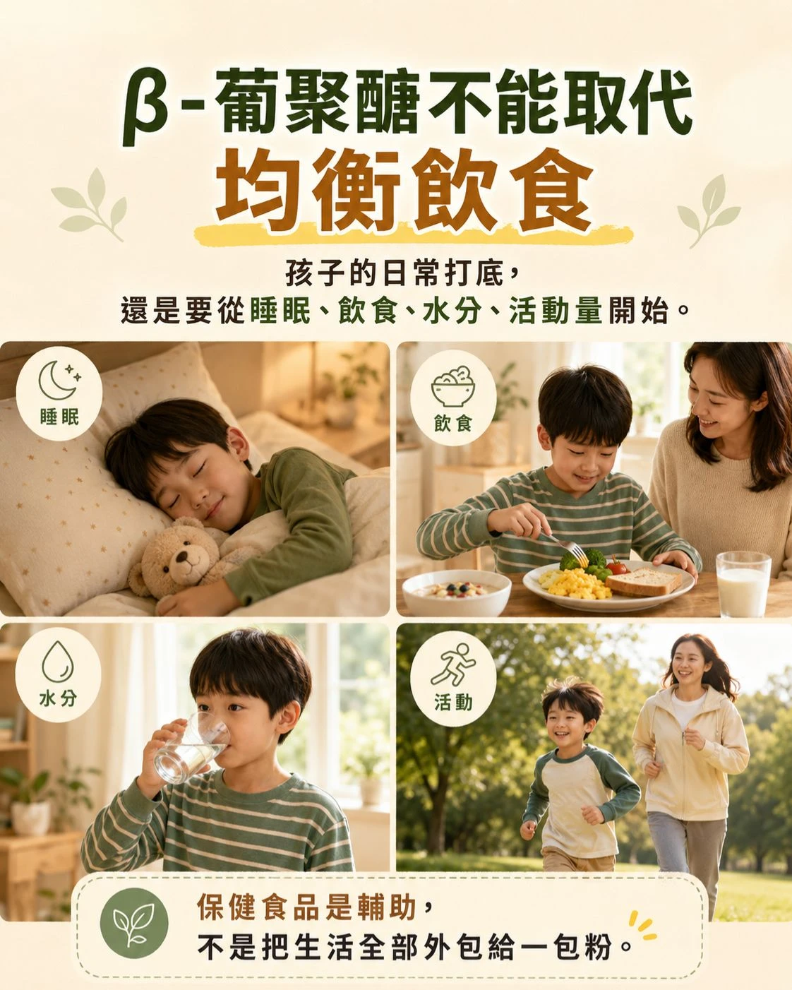 孩子睡眠、飲食、喝水與戶外活動的生活情境，提醒 &beta;-葡聚醣不能取代均衡飲食與日常作息