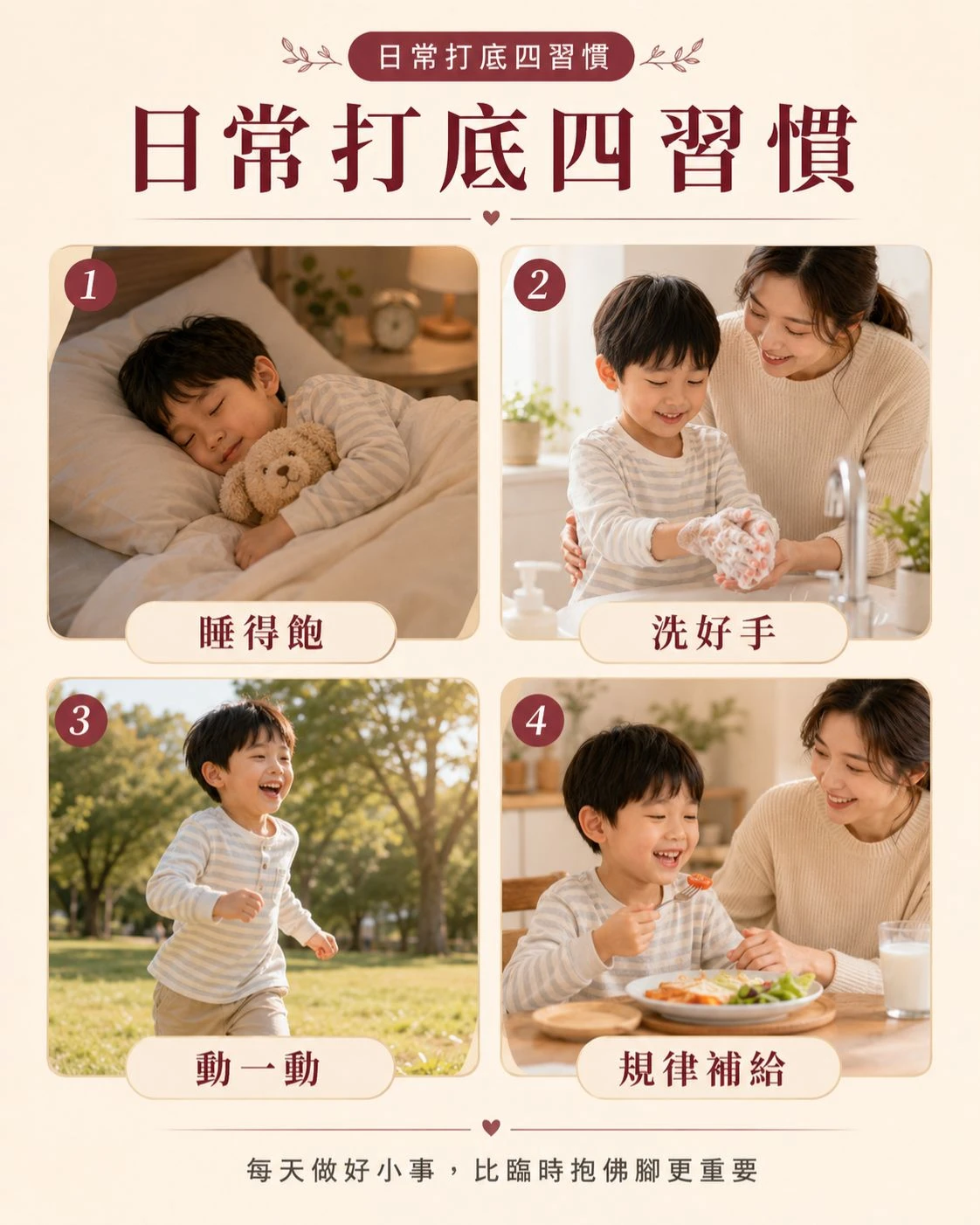日常打底四習慣圖卡，呈現孩子睡得飽、洗好手、戶外動一動與規律補給四個生活習慣