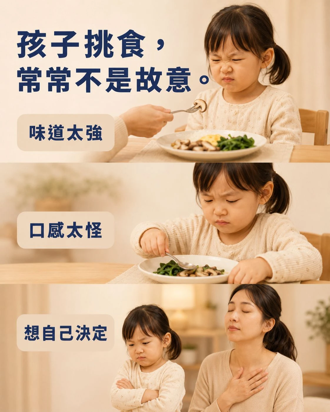 孩子挑食不吃青菜與香菇時皺眉抗拒，說明孩子不吃菜常與味道太強、口感不適和自主意識發展有關