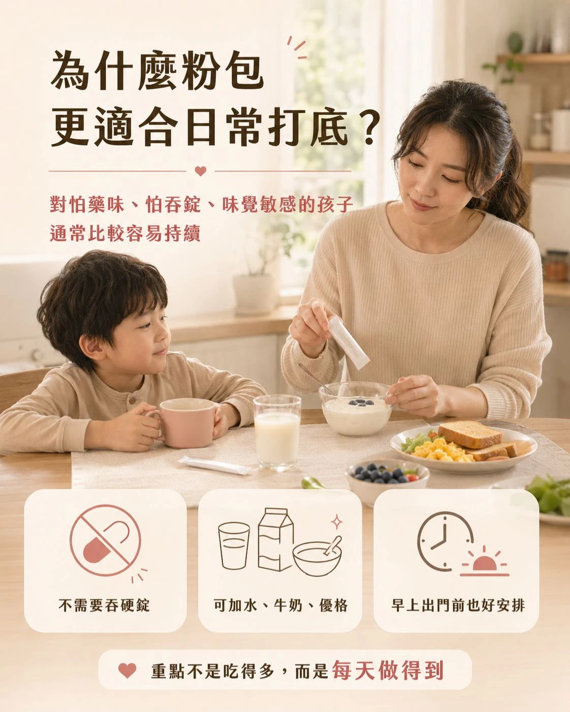 媽媽在早餐時將粉包加入優格，孩子坐在旁邊等待，說明粉包不需吞硬錠，可搭配水、牛奶或優格作為日常補給