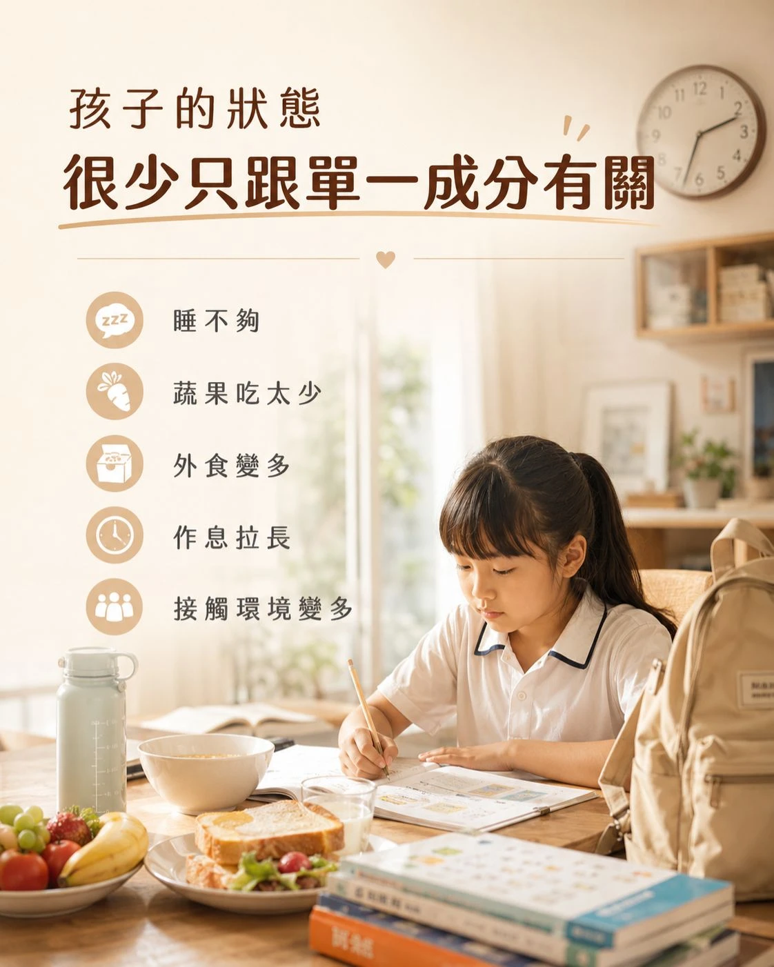 孩子在家寫作業，桌上有早餐、水果、水壺與書包，說明兒童日常狀態與睡眠、蔬果、外食、作息和接觸環境有關