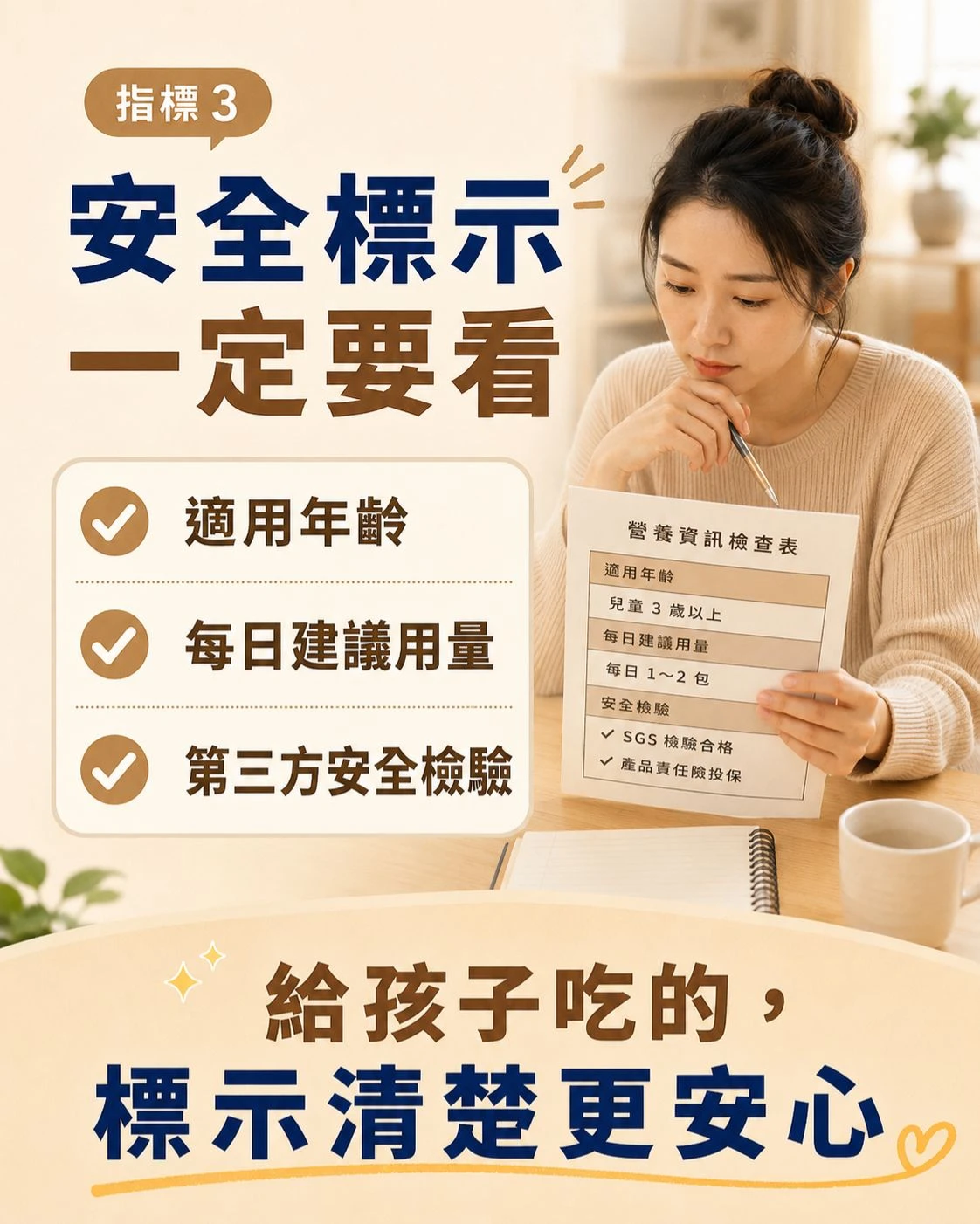 兒童多醣體挑選指標三，媽媽查看營養資訊與安全檢驗資料，提醒選購兒童保健食品時要注意適用年齡、每日建議用量與第三方安全檢驗