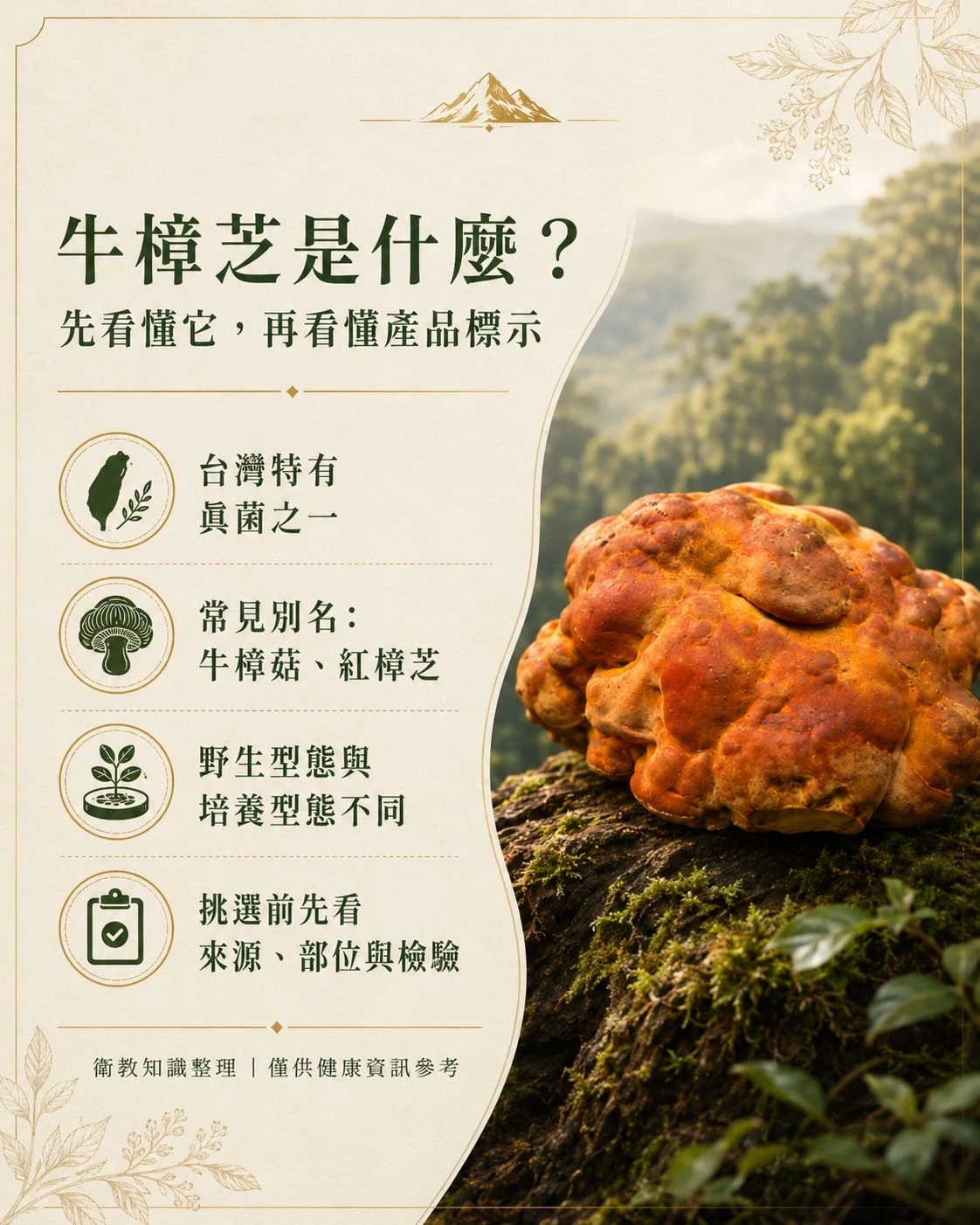 牛樟芝基本介紹,說明台灣特有真菌、牛樟菇、紅樟芝與森林紅寶石稱呼