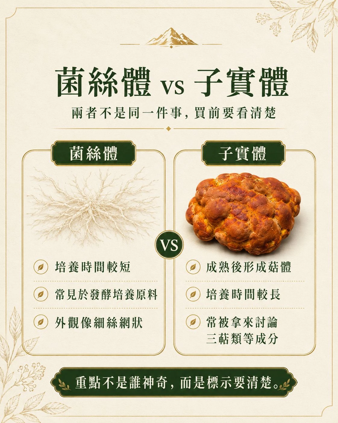 牛樟芝子實體與菌絲體比較,整理生長型態、培養時間、成分研究與標示判讀