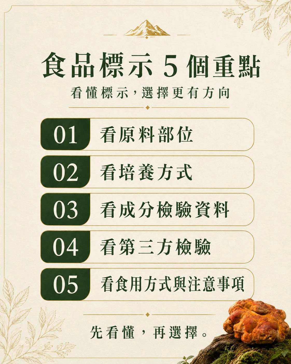 牛樟芝食品標示重點,整理原料部位、培養方式、三萜類、多醣體、第三方檢驗與食用注意事項
