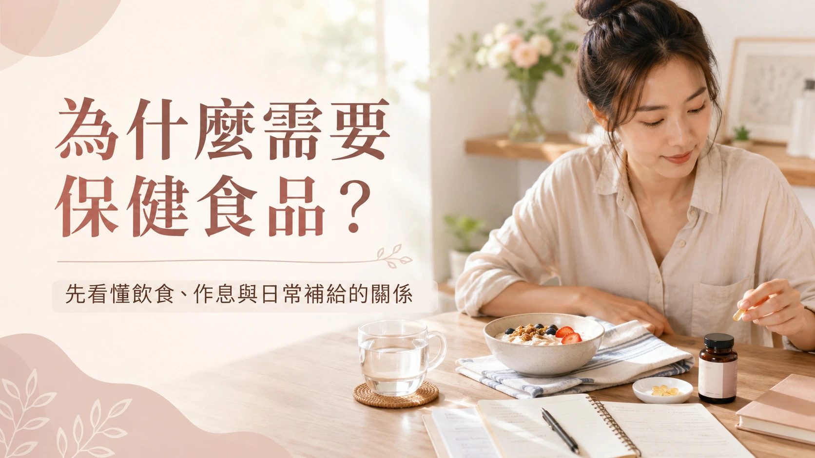 一位女性在餐桌旁整理早餐、保健食品與水杯，呈現忙碌生活中用日常飲食與營養補給照顧自己的情境