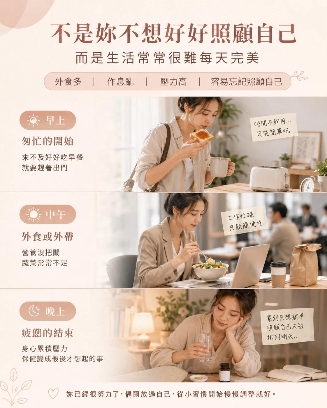 女性在忙碌生活中面對外食、作息不穩與壓力，說明日常營養補給可以從做得到的小習慣開始