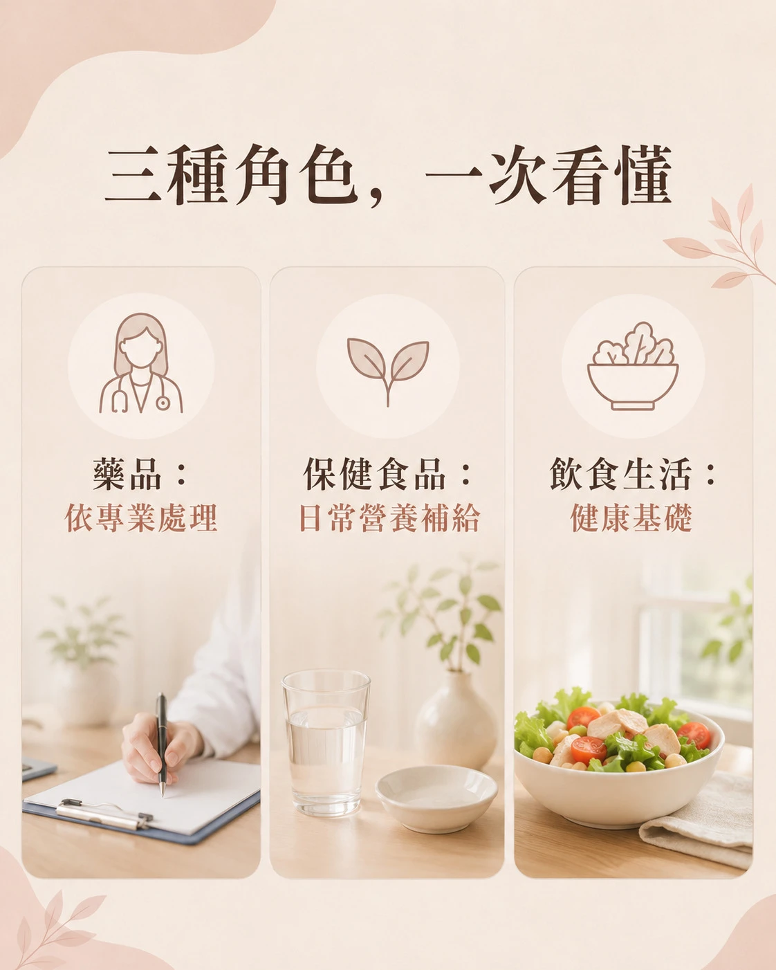 藥品保健食品與日常飲食生活三者角色差異比較圖