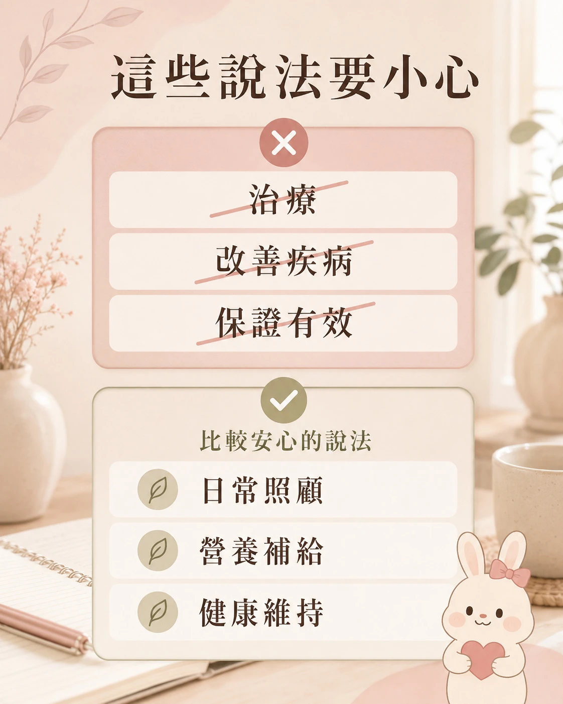 保健食品廣告常見高風險說法與安心用語整理圖