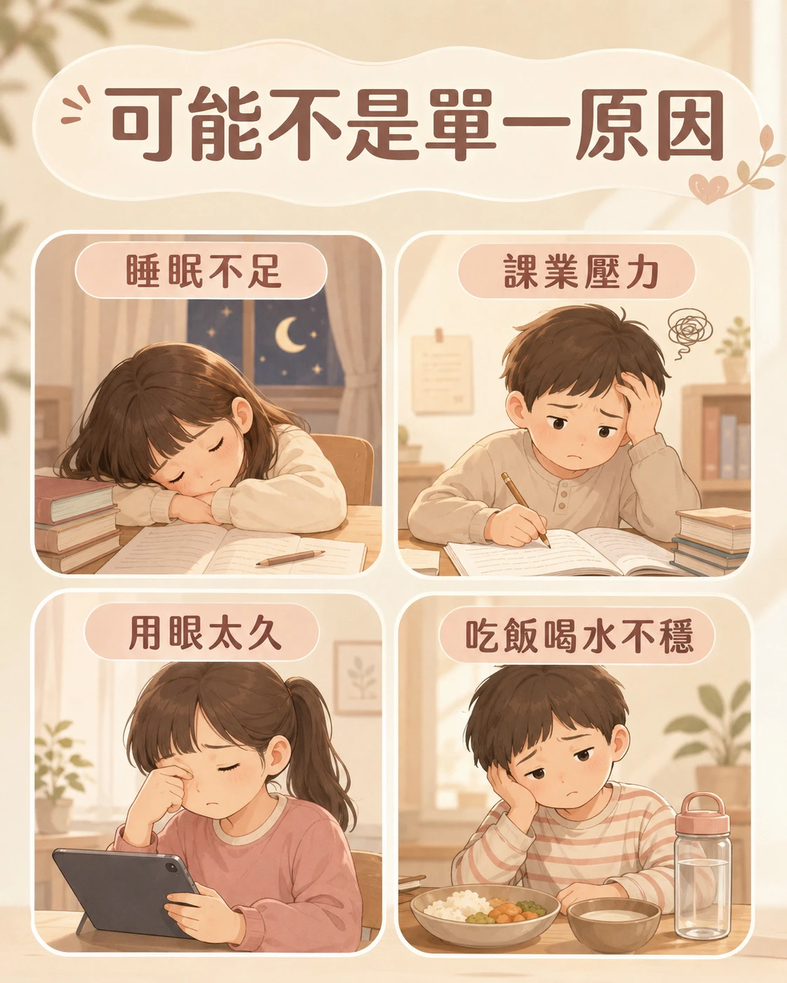 孩子放學後疲倦可能和睡眠課業用眼與飲食活動有關