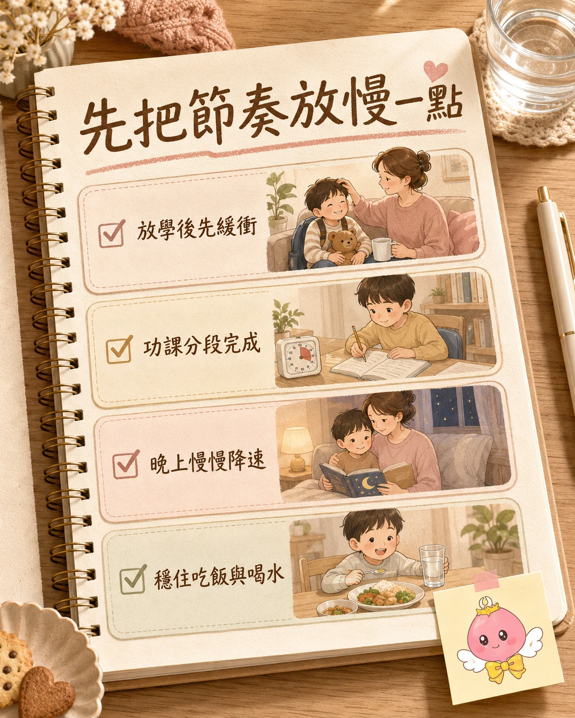 媽媽幫孩子調整放學後緩衝功課分段與睡前節奏