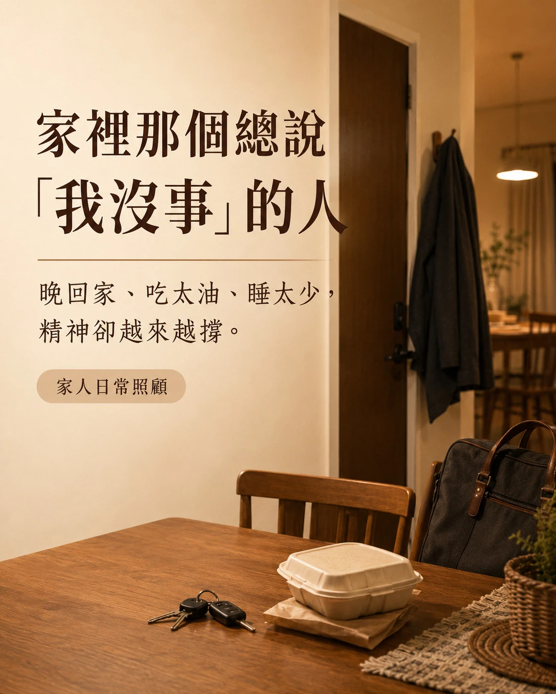 家中晚歸後留下的外套、餐盒與鑰匙，象徵總說我沒事的家人也需要日常照顧