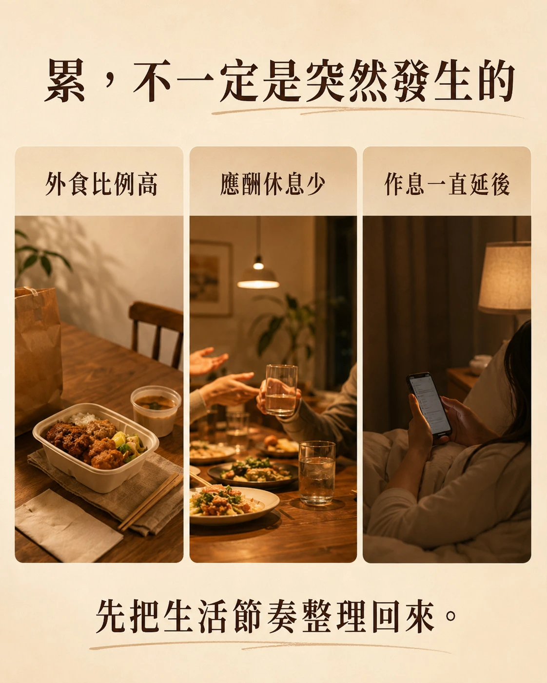 外食比例高、應酬休息少與作息延後三種生活情境，說明疲累常由日常習慣累積