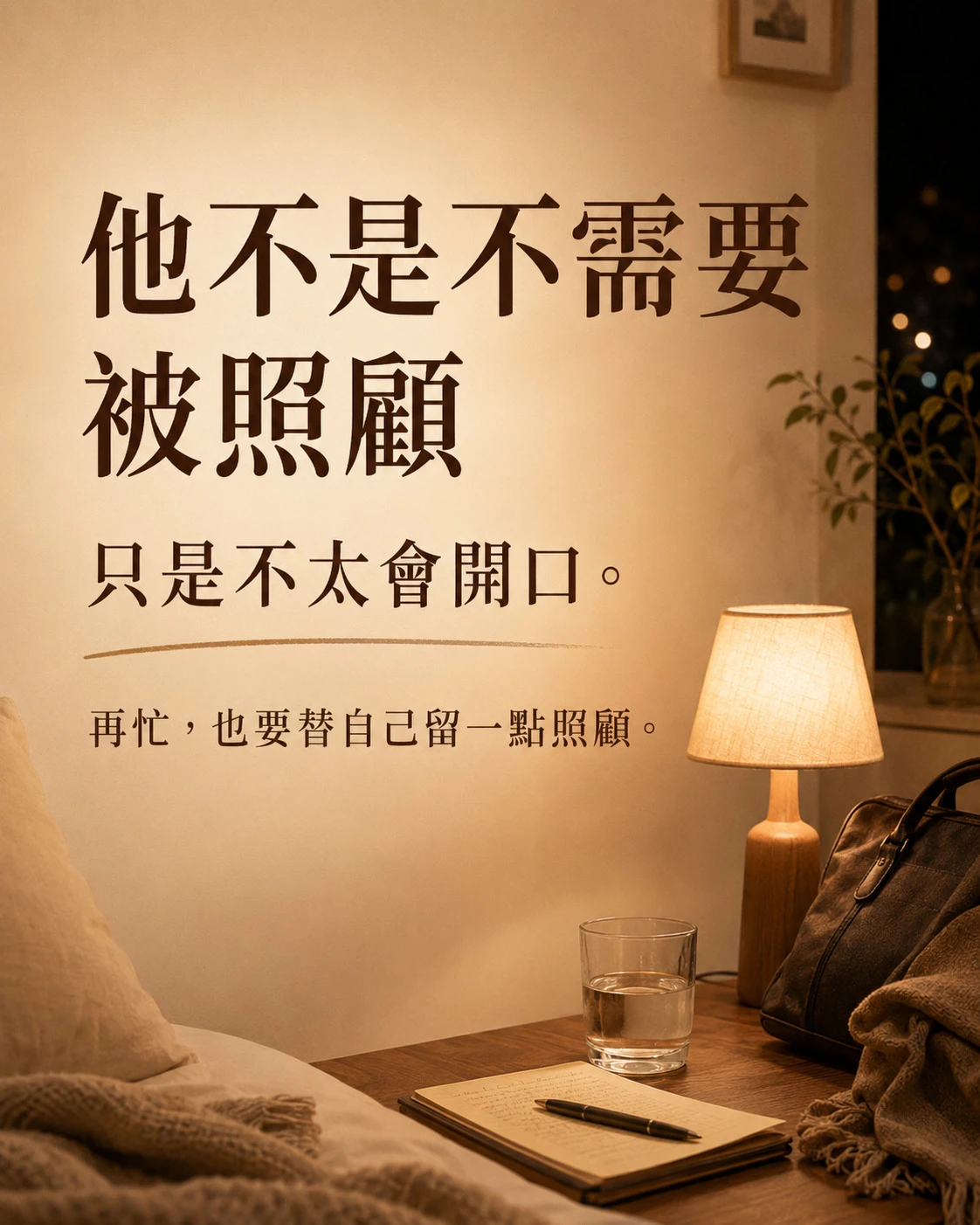 床頭燈、水杯與筆記本的溫暖場景，提醒忙碌家人再忙也要替自己留一點照顧