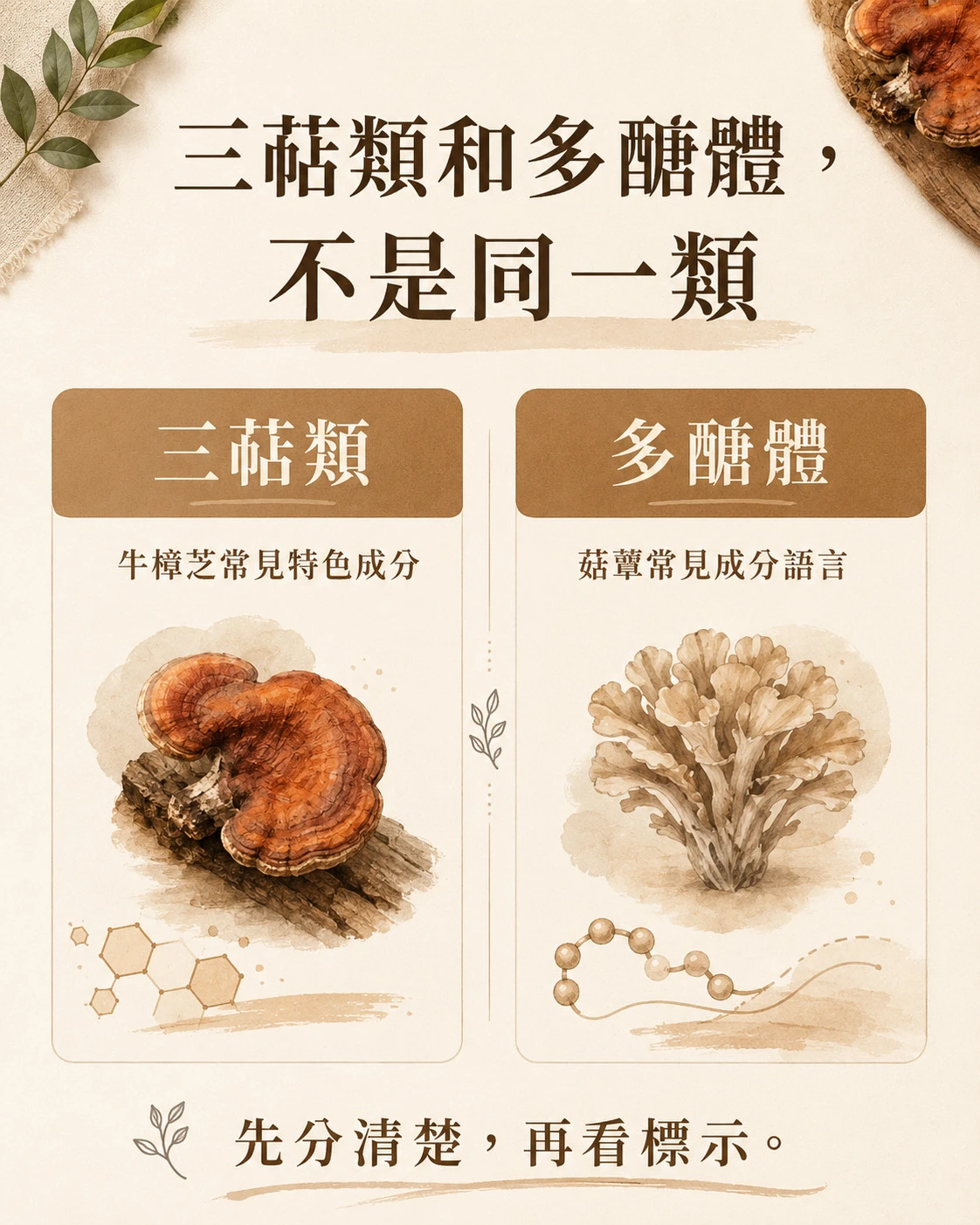 三萜類與多醣體不是同一類成分，閱讀牛樟芝產品標示時應先分清成分概念