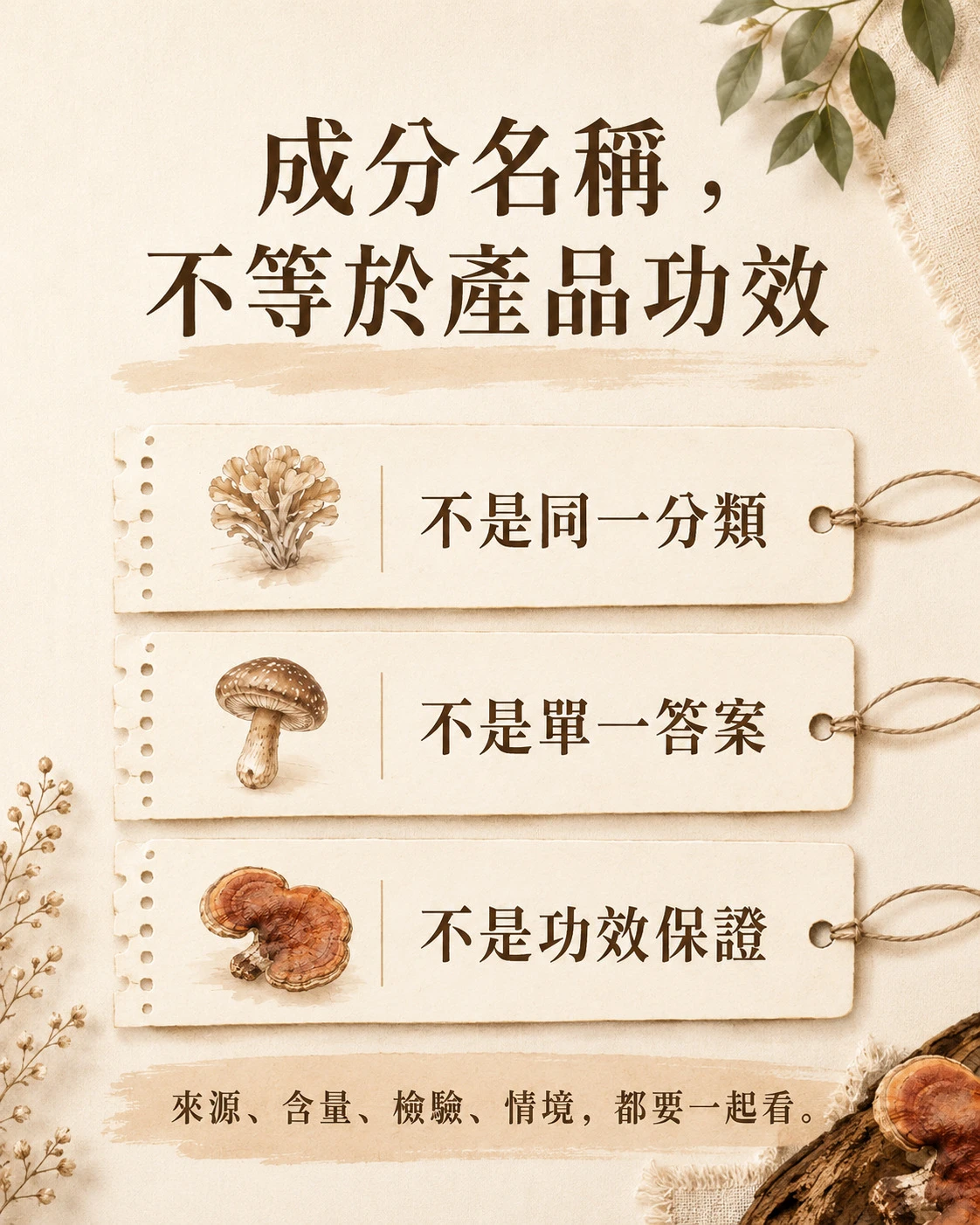 成分名稱不等於產品功效，挑選菇蕈保健食品時應一起看來源、含量、檢驗與使用情境