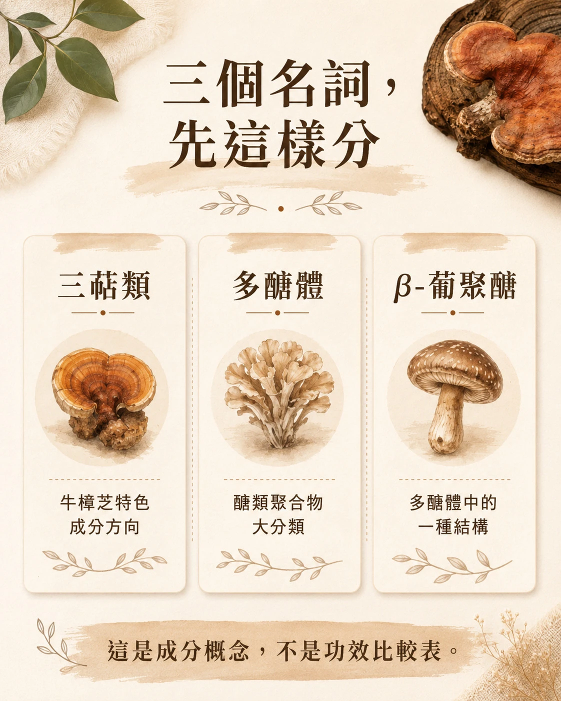 三萜類、多醣體與&beta;-葡聚醣三個名詞的基本差異，說明這是成分概念而非功效比較