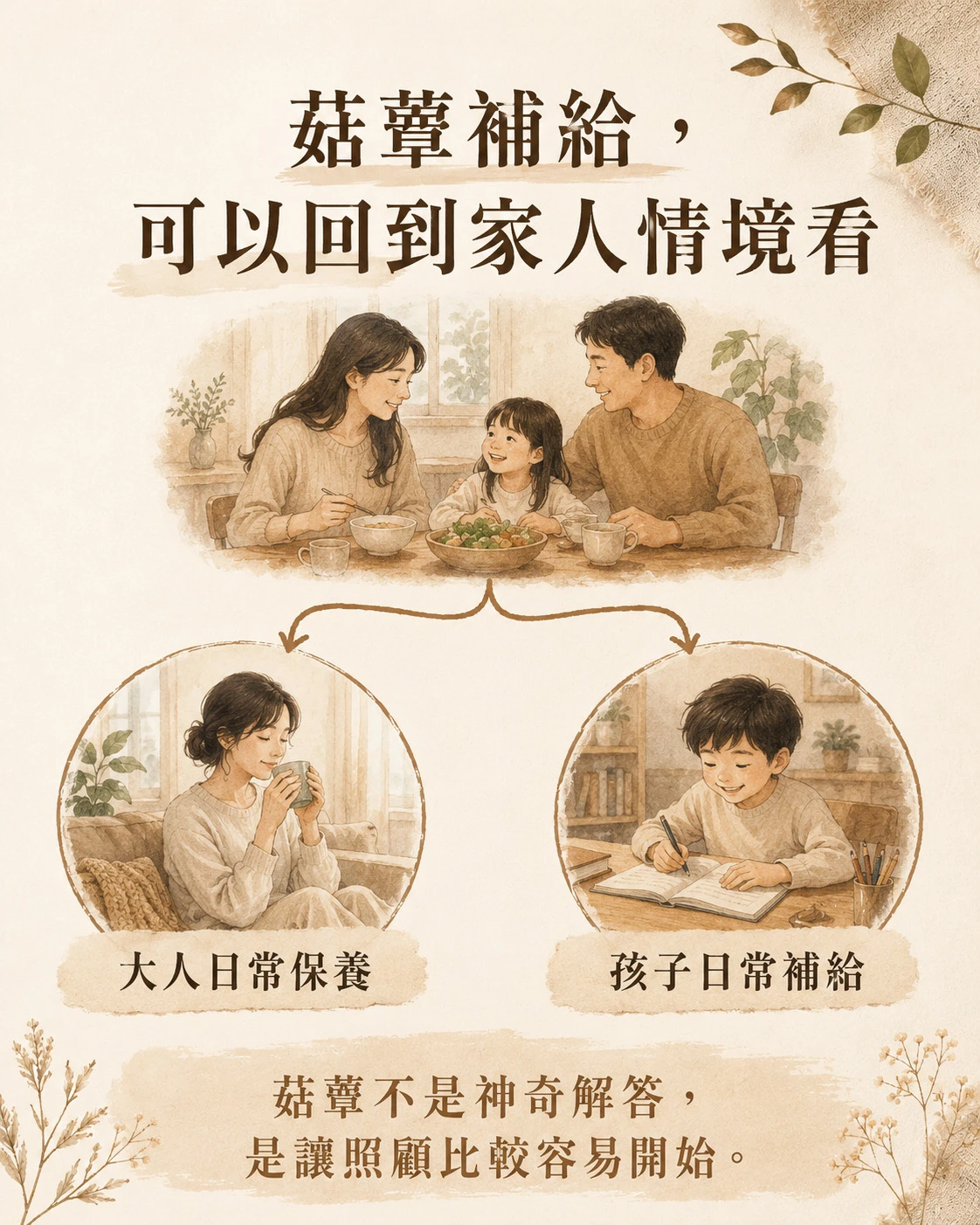 菇蕈補給可依家人情境理解，分為大人日常保養與孩子日常營養補給