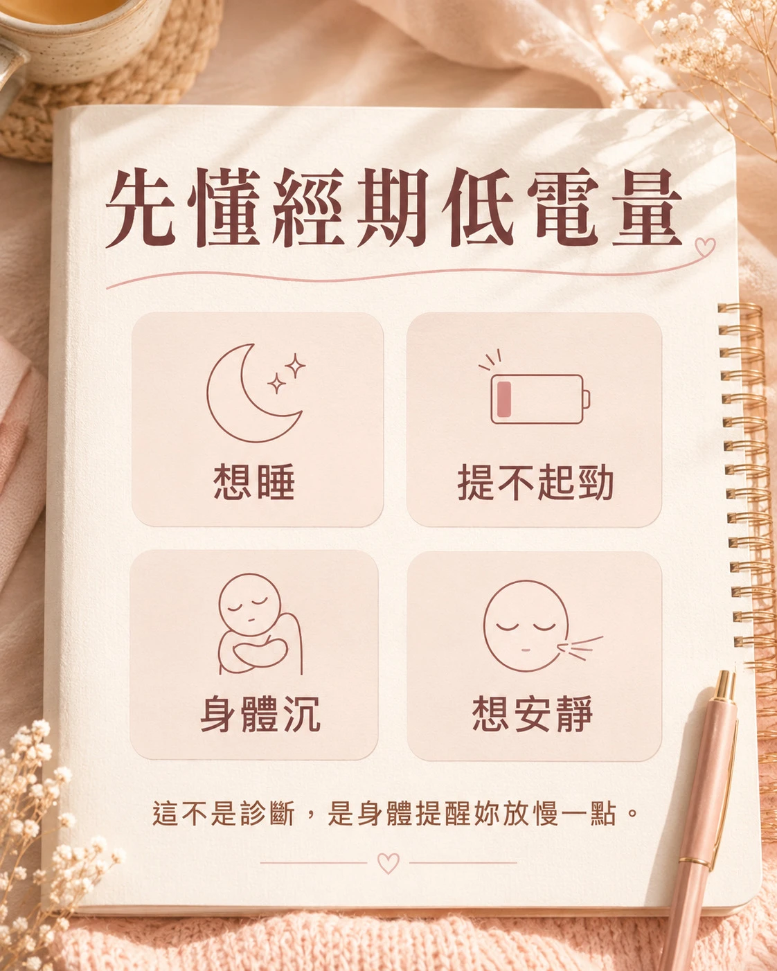 經期低電量常見感受,包括想睡、提不起勁、身體沉和想安靜