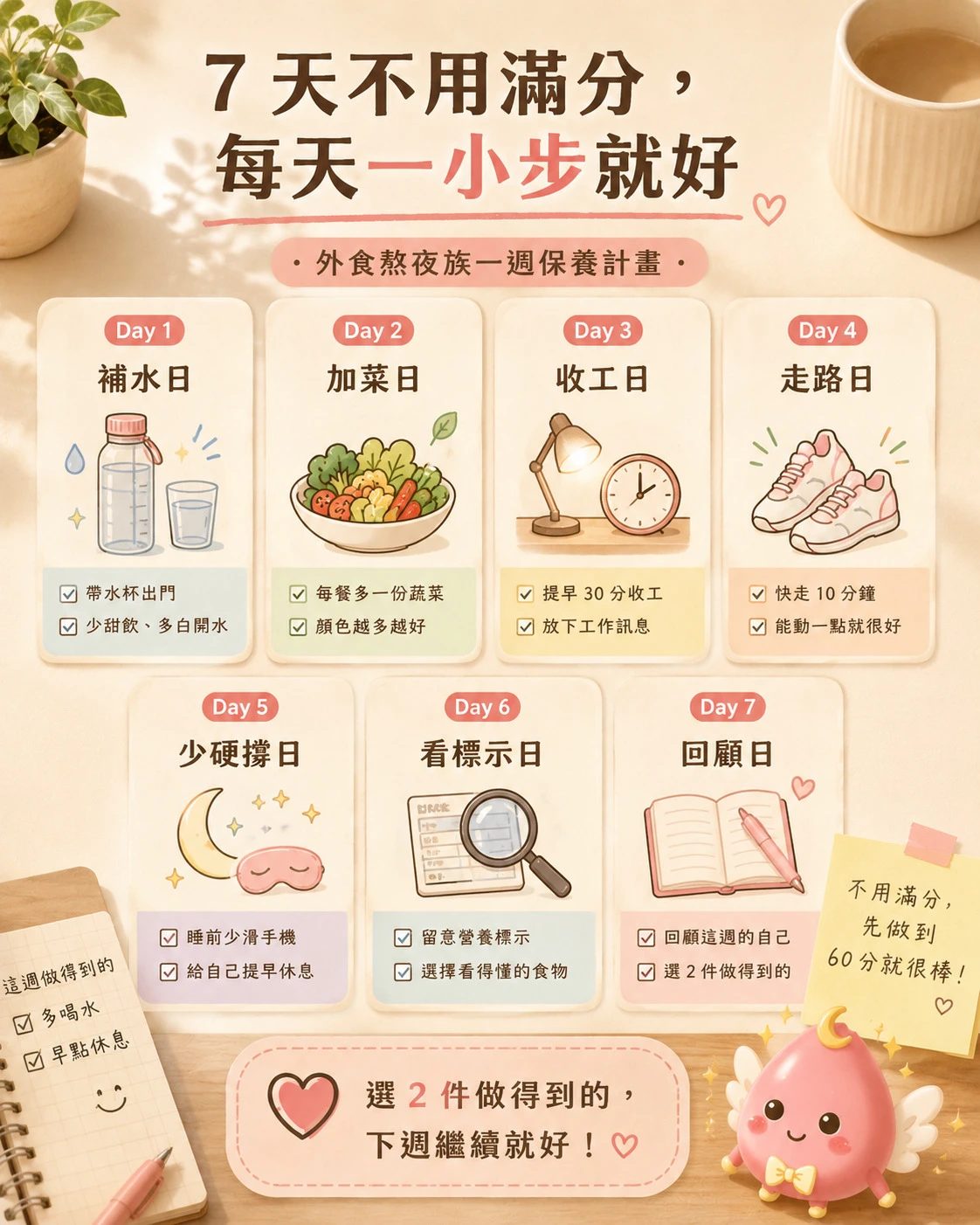 外食熬夜族七天保養計畫與每日一小步行動整理