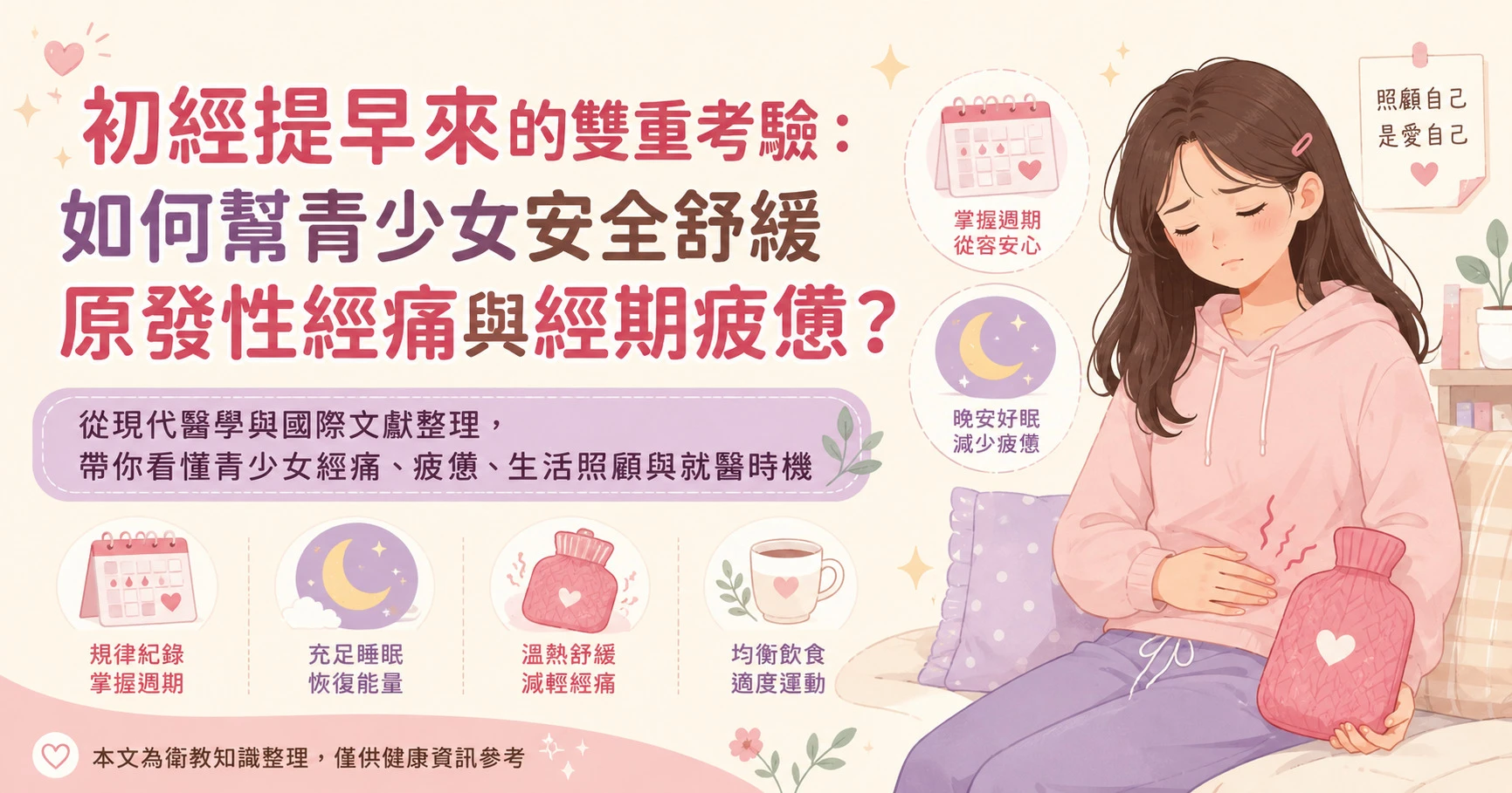 女兒初經提早又經痛怎麼辦，青少女坐在床邊休息，父母陪伴理解經痛、經期疲憊、止痛藥安全與就醫警訊