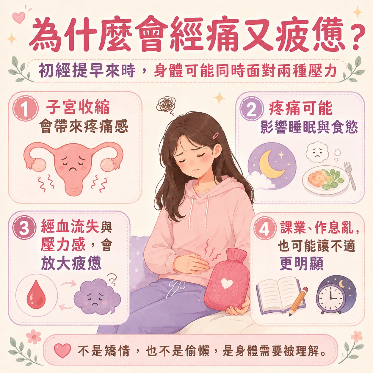 青少女經痛與經期疲憊原因，整理子宮收縮、前列腺素、睡眠與心理壓力等影響