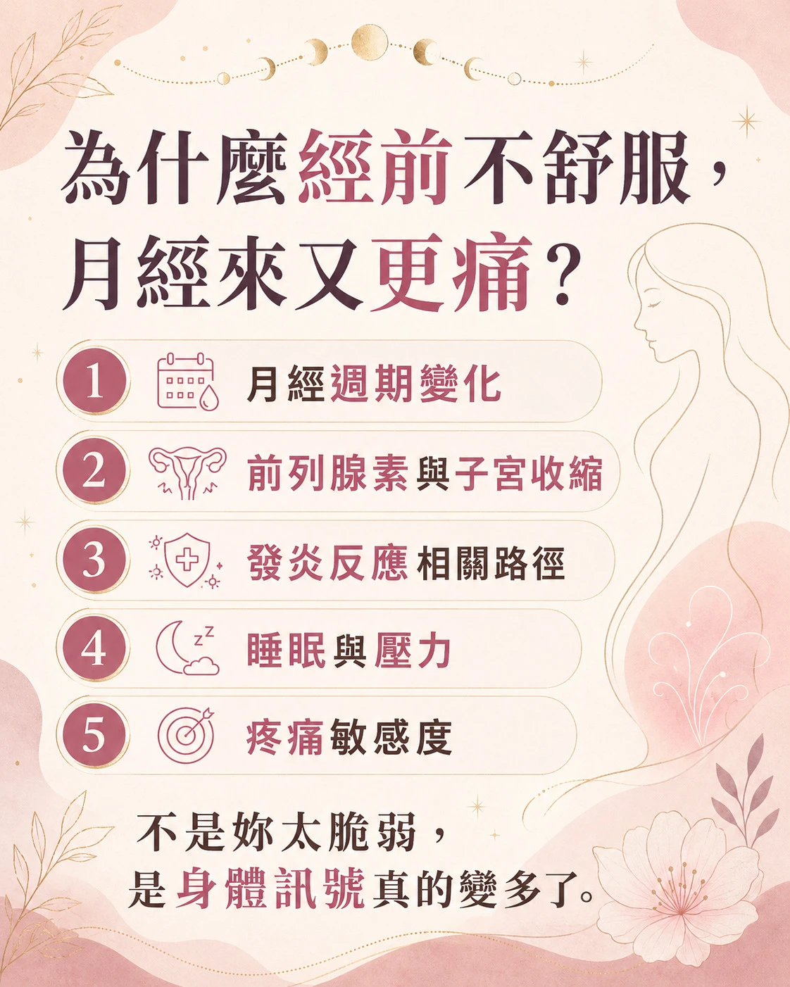 PMS 強烈與經痛明顯的可能原因，包含月經週期、前列腺素、子宮收縮、疼痛相關生理訊號、睡眠壓力與疼痛敏感度。