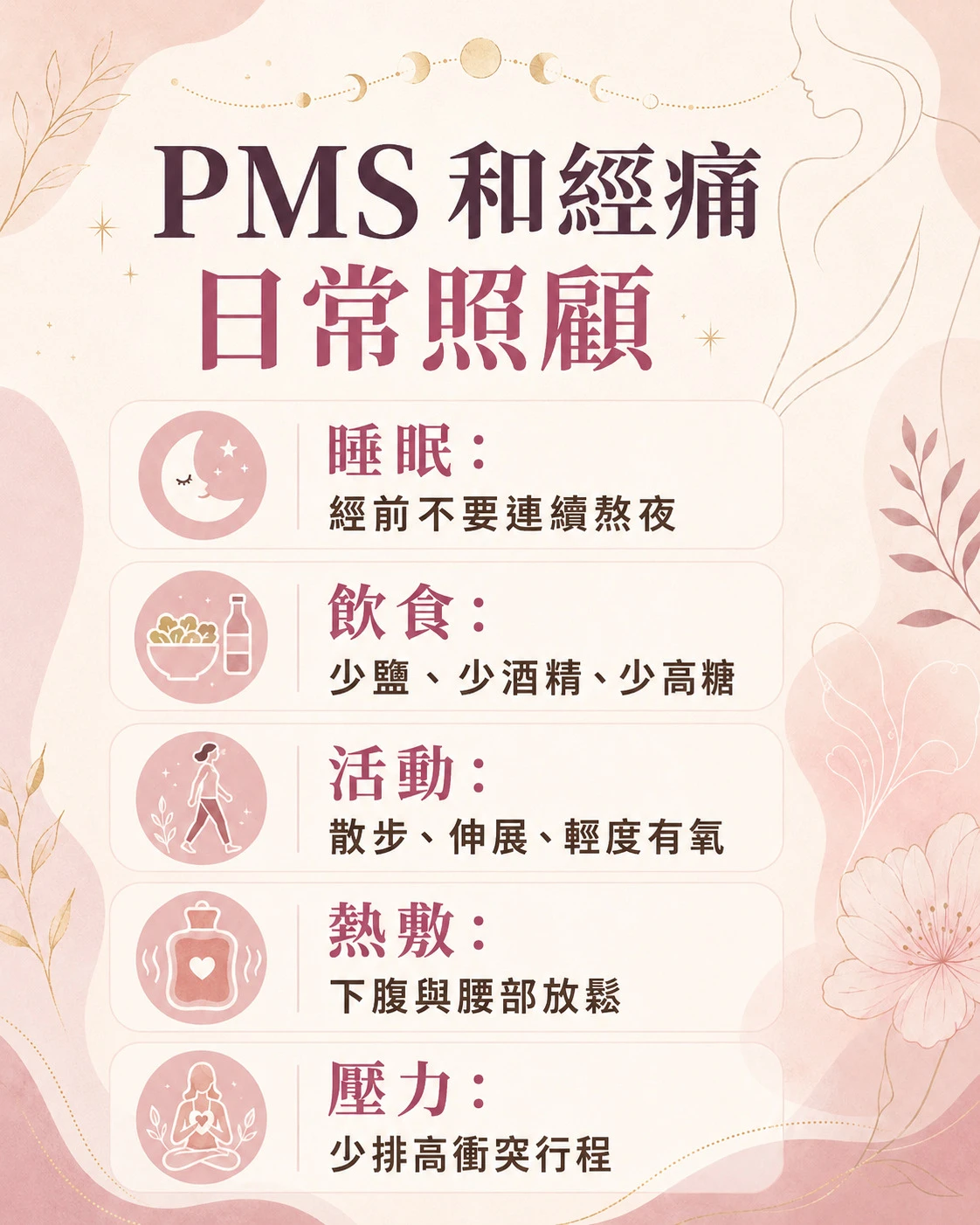 PMS 和經痛日常照顧方法，整理睡眠、飲食、輕度活動、熱敷與壓力管理。