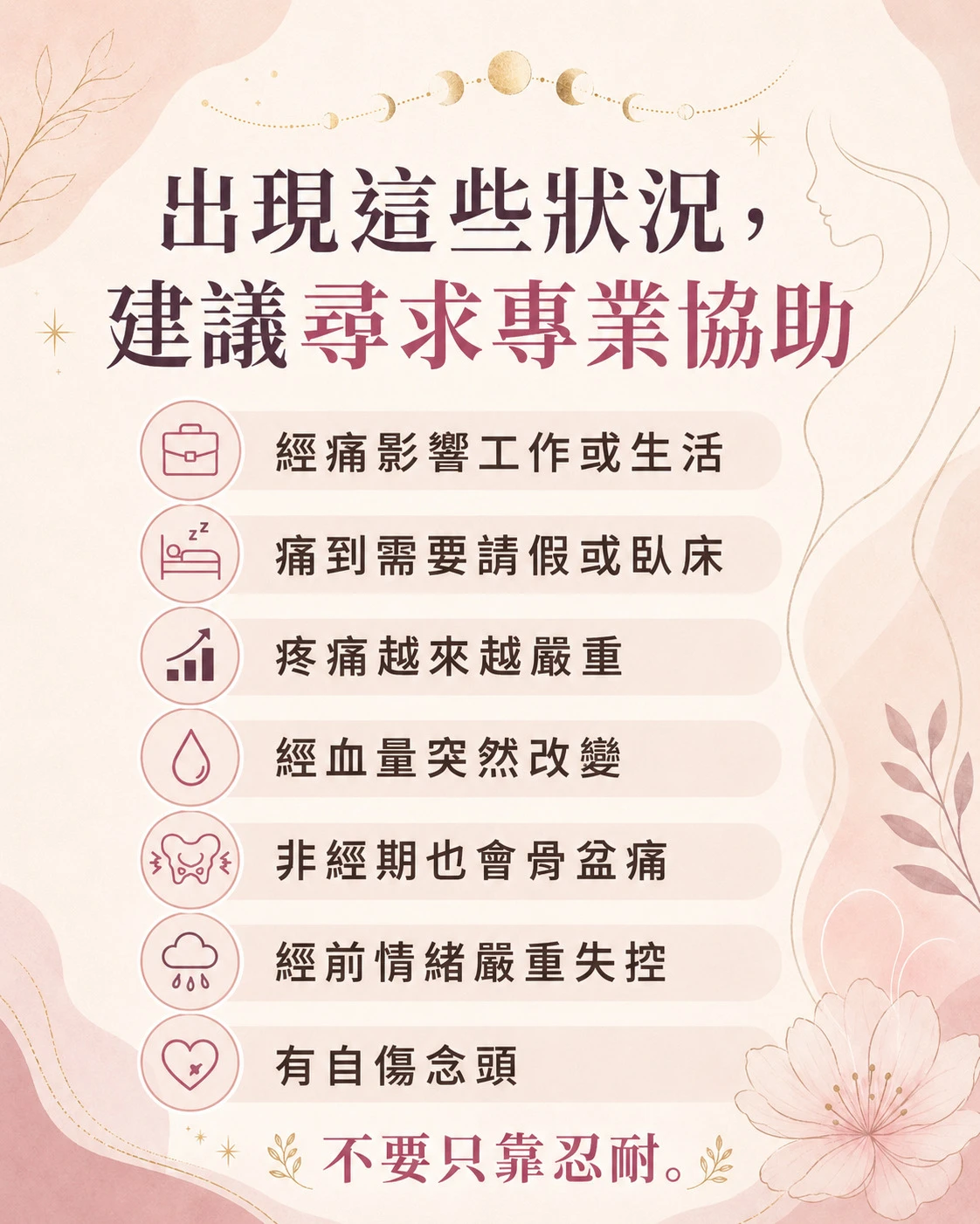 PMS 與經痛就醫警訊，包含經痛影響生活、疼痛加重、經血量改變、骨盆痛、情緒失控與自傷念頭。