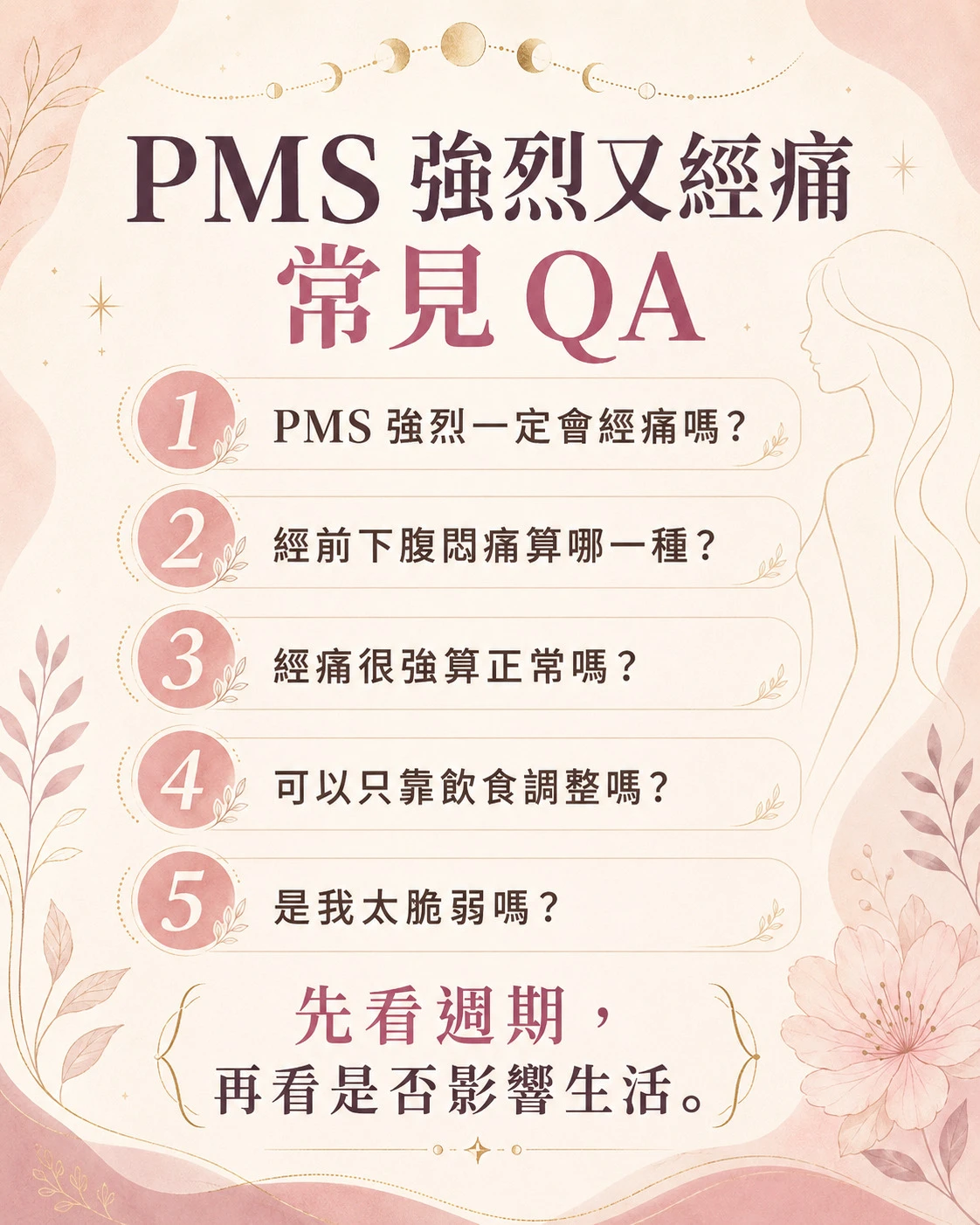 PMS 強烈又經痛的常見問題，整理PMS與經痛關聯、經前下腹悶痛、嚴重經痛、飲食調整與週期觀察。