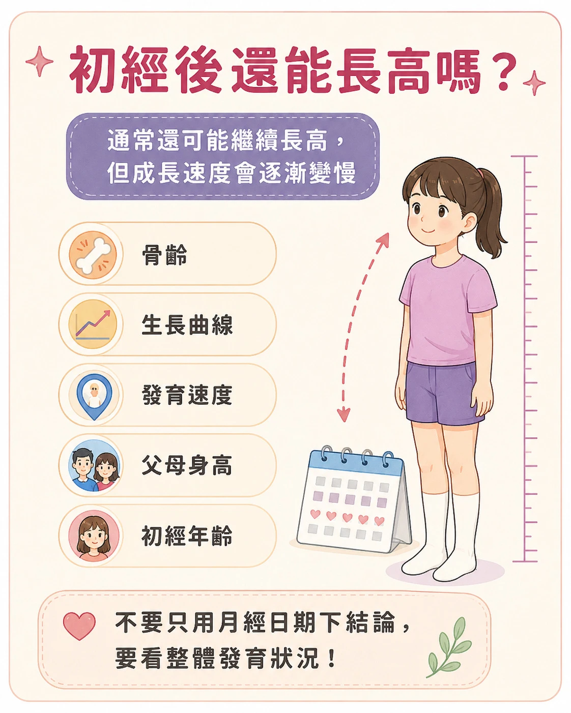 初經後是否還能長高說明，整理骨齡、生長曲線、發育速度、父母身高與初經年齡等判斷重點