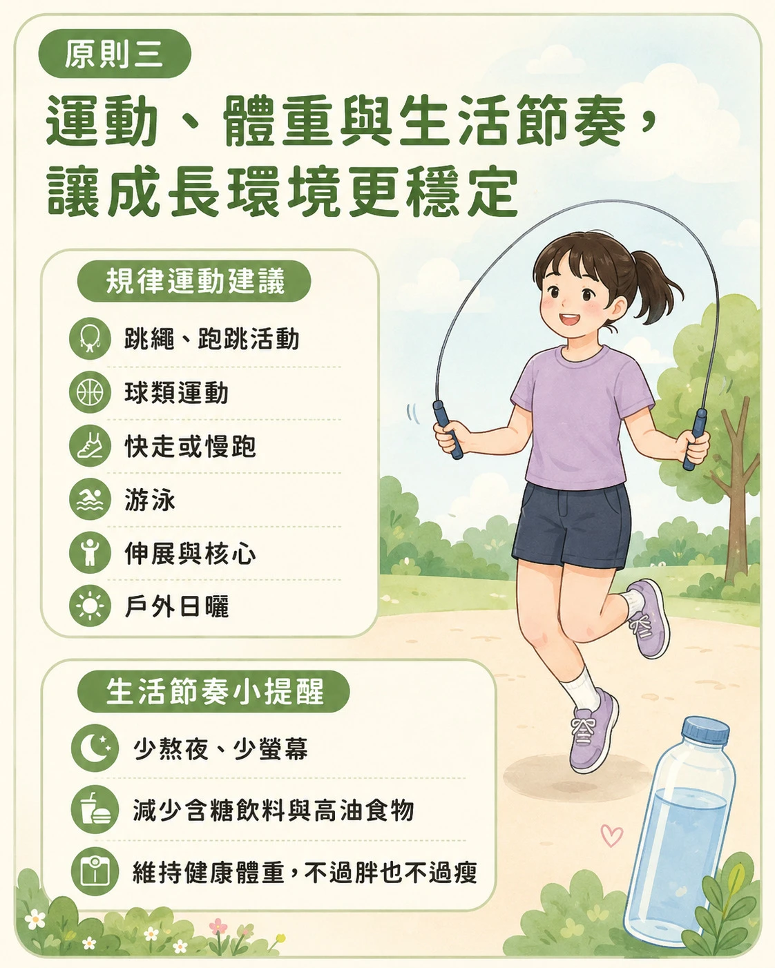 發育期運動與生活節奏建議，包含跑跳活動、球類運動、快走慢跑、游泳、伸展核心與戶外日曬