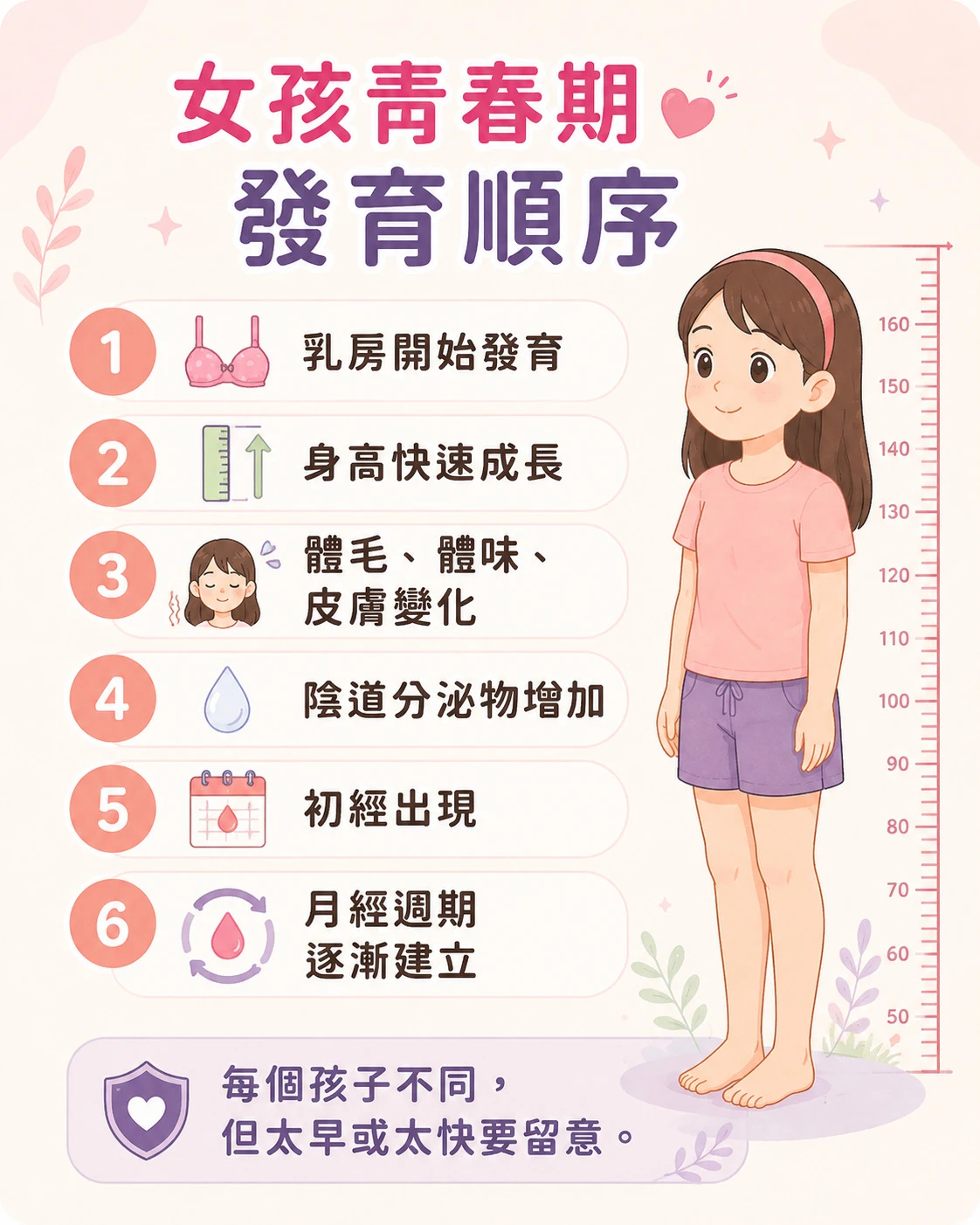 女孩青春期發育順序，整理乳房發育、身高成長、體毛體味皮膚變化、陰道分泌物、初經與月經週期建立