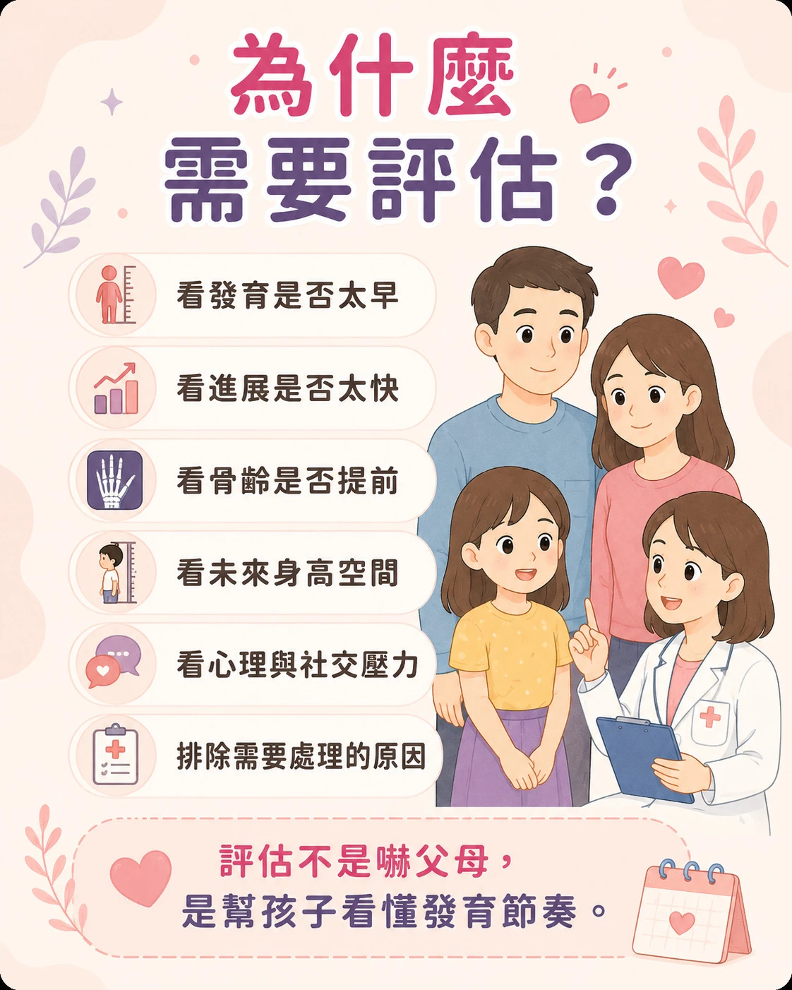 兒童性早熟評估原因，整理發育太早、進展太快、骨齡提前、身高空間、心理社交壓力與需要排除的原因