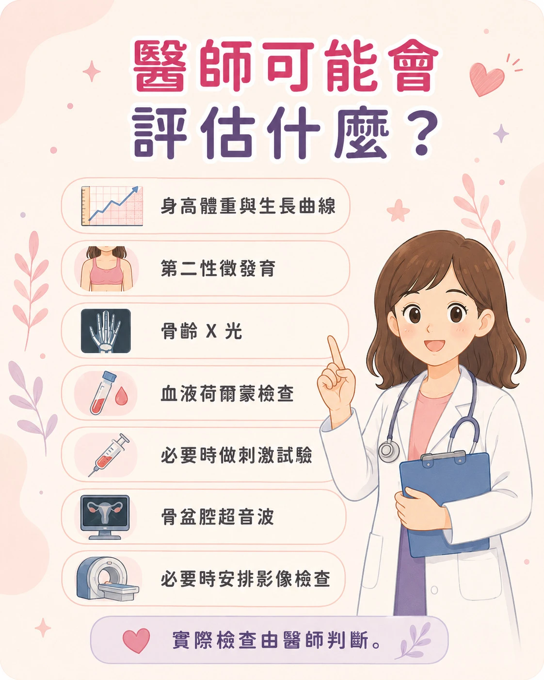 兒童性早熟可能檢查項目，包含身高體重、生長曲線、第二性徵、骨齡X光、荷爾蒙檢查、刺激試驗、骨盆腔超音波與影像檢查