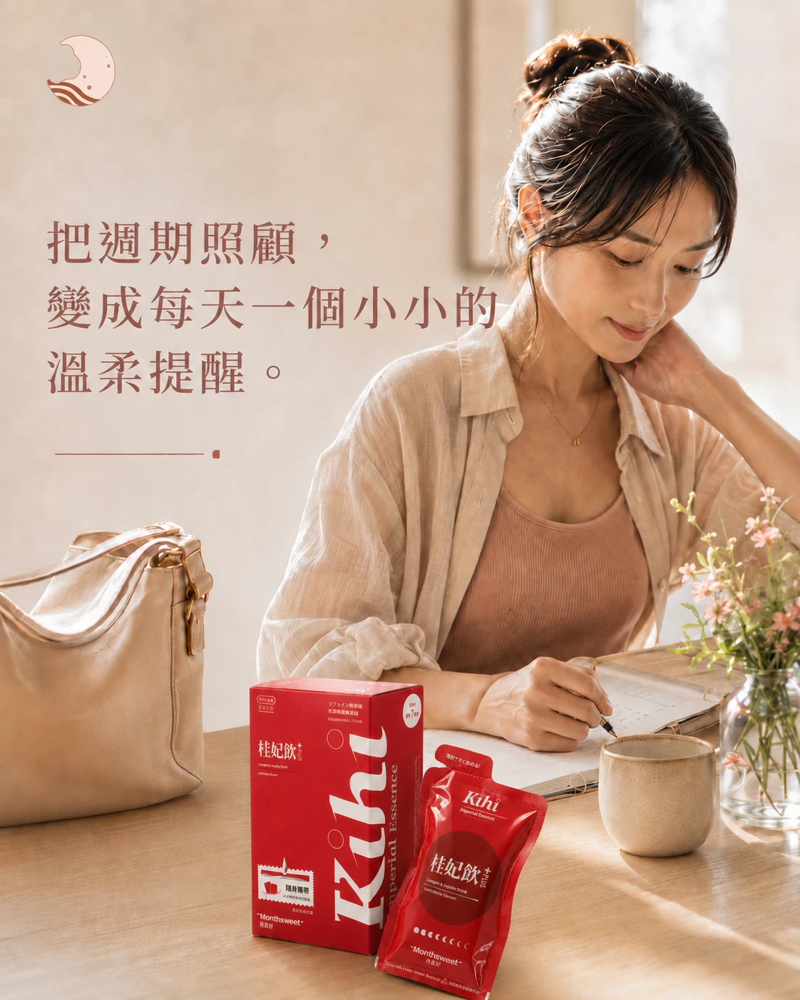 月美好桂妃飲 50ml 日常補給包情境圖，呈現女性從經前開始建立固定週期照顧習慣。