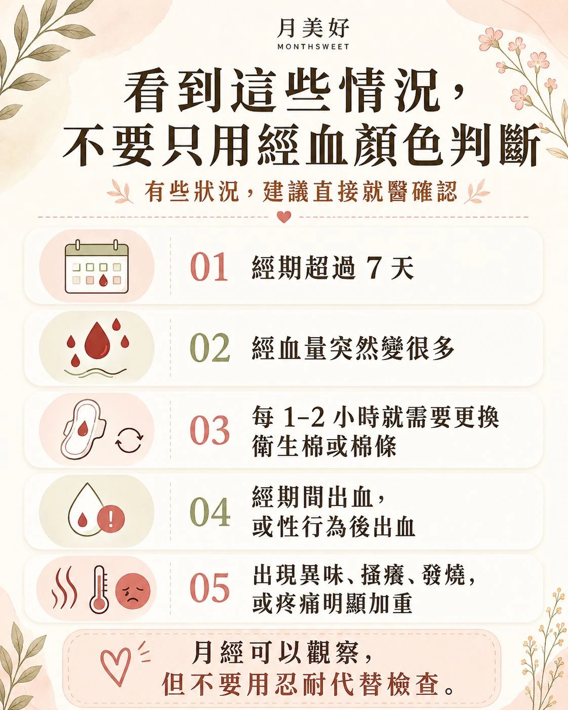 月經異常出血警訊整理，提醒經期超過七天、經血量突然變多、非經期出血與伴隨異味疼痛時建議就醫檢查。