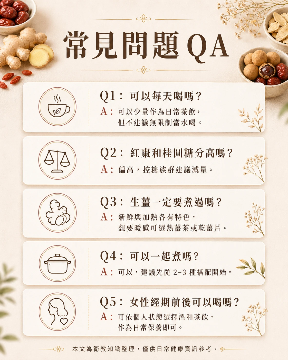 桂圓紅棗枸杞黃耆生薑搭配與注意事項常見問題