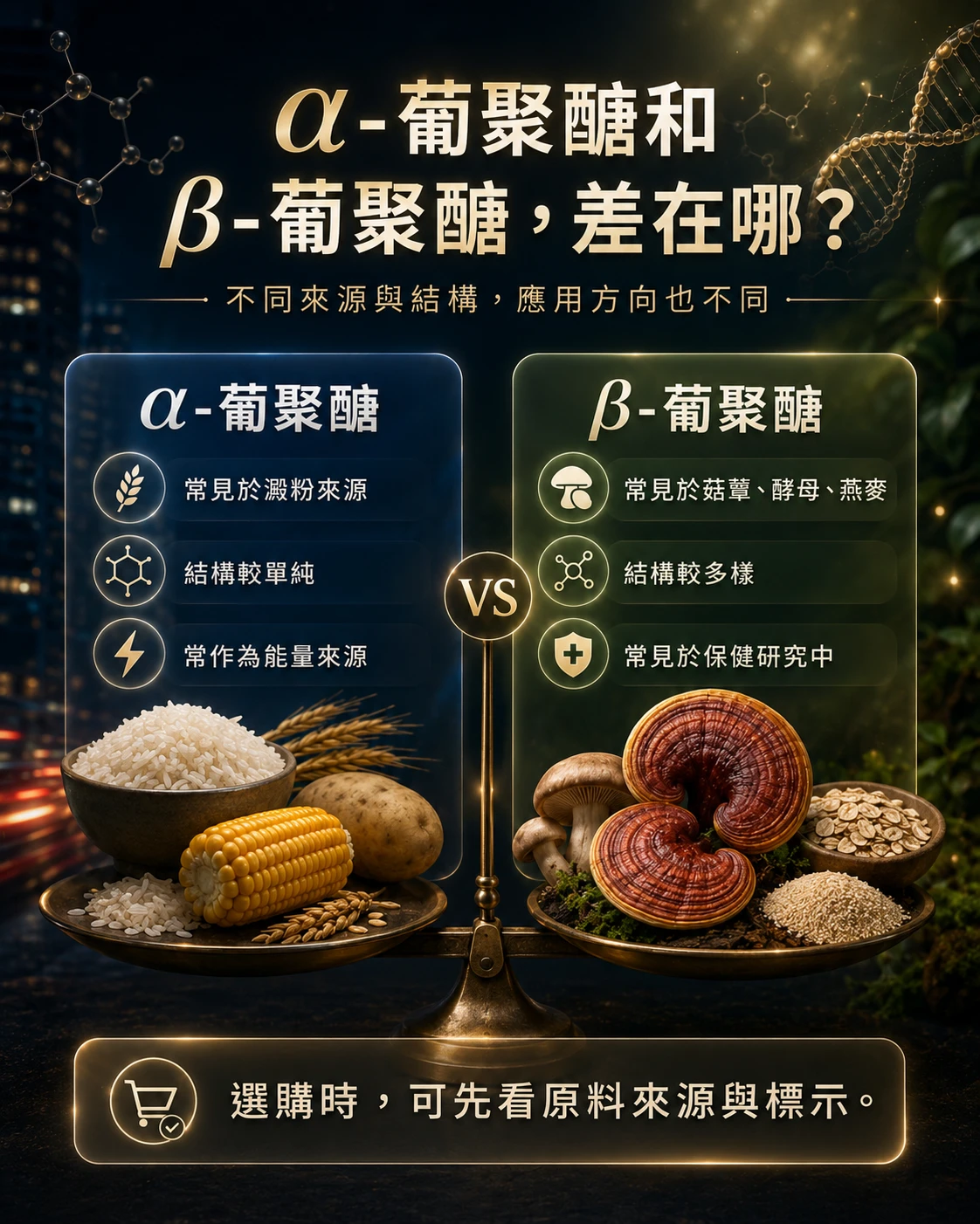 α葡聚醣與β葡聚醣比較,說明不同來源、結構差異與菇蕈多醣體營養補給研究方向。