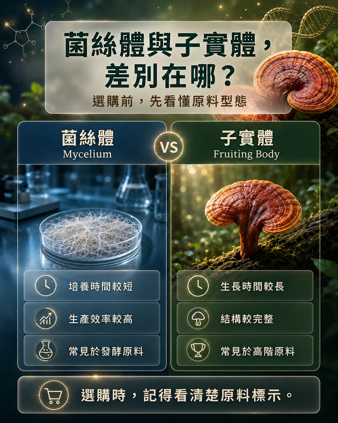 菌絲體與子實體差異比較,說明菇蕈原料型態、培養時間、結構完整度與選購標示。