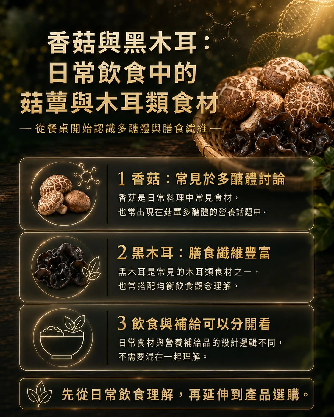 香菇、黑木耳與日常飲食保養素材介紹,整理多醣體、膳食纖維與日常飲食應用。