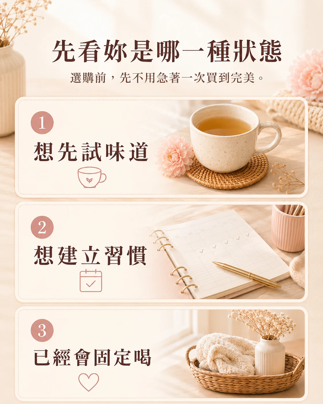 桂妃飲第一次選購狀態分流,整理試味道、建立習慣與固定備品三種情境。