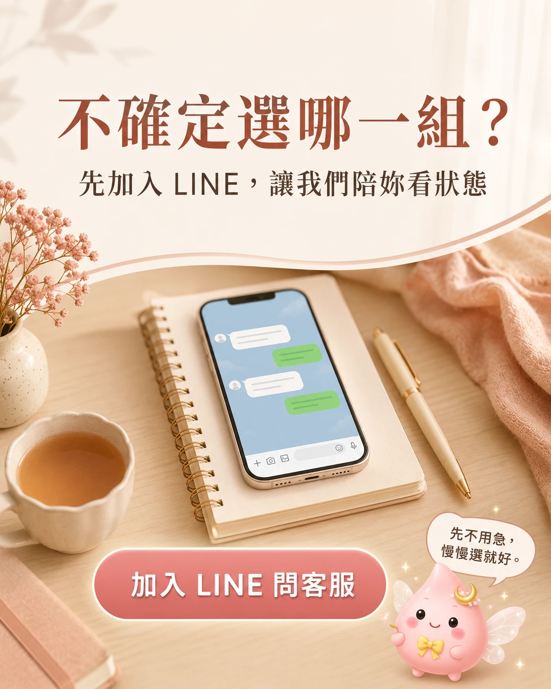 桂妃飲選購 LINE 詢問提醒,不確定組合時可先依狀態諮詢。