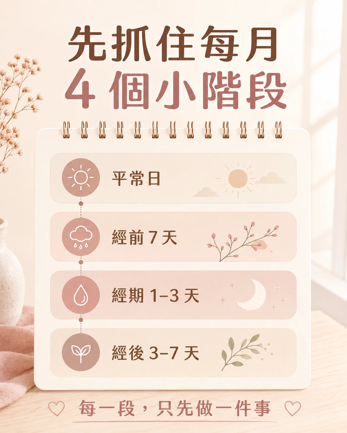 女性週期照顧時間軸,整理平常日、經前7天、經期1到3天與經後3到7天