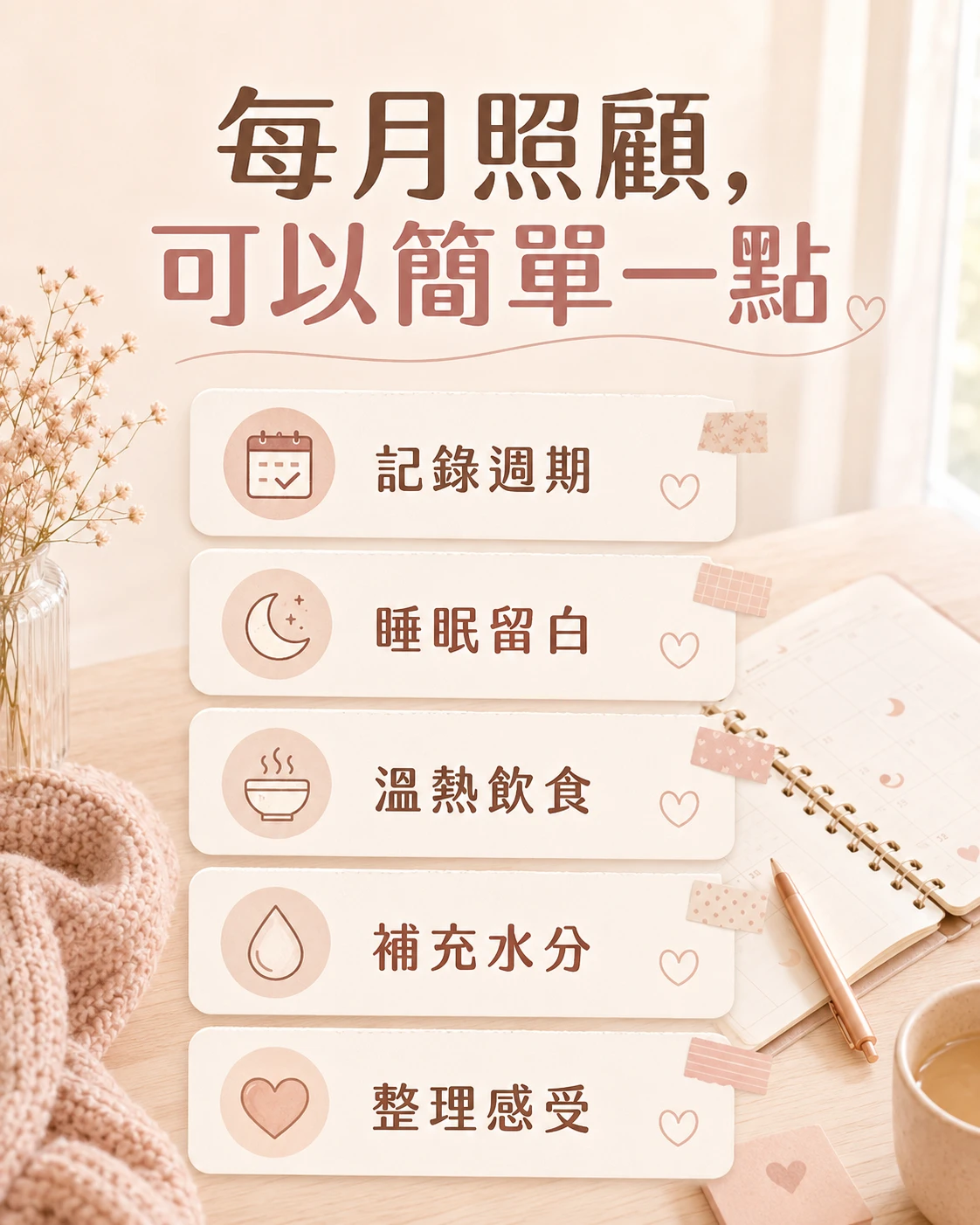 每月女性週期照顧方法整理,從記錄週期、睡眠、溫熱飲食與水分開始