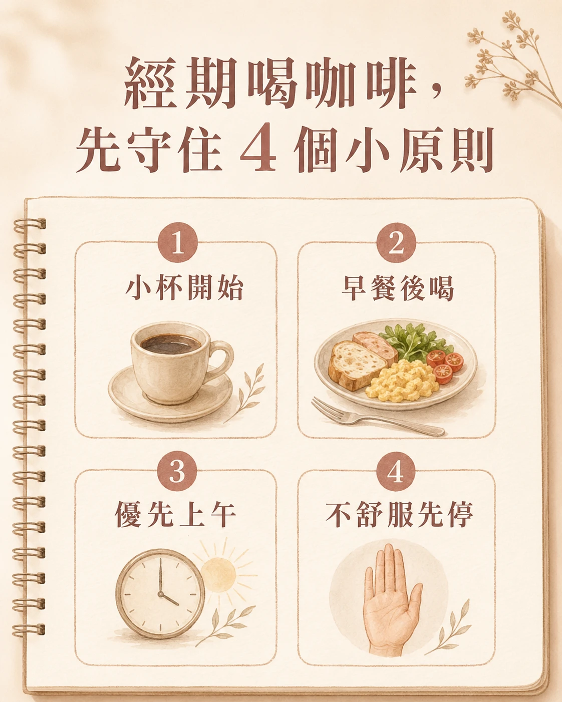 經期喝咖啡可依小杯、早餐後、上午與低咖啡因方式調整