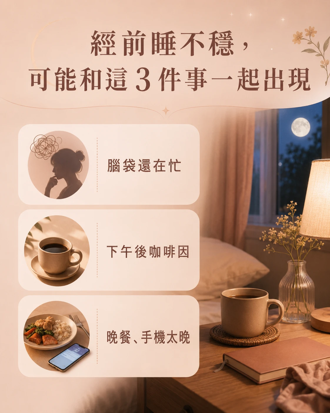經前睡不穩可能與腦袋忙碌、咖啡因和晚間刺激有關