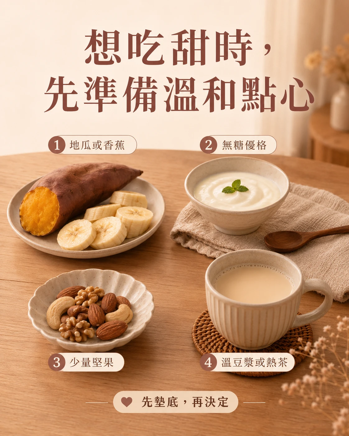 經前想吃甜時可準備地瓜香蕉優格堅果與溫熱飲品