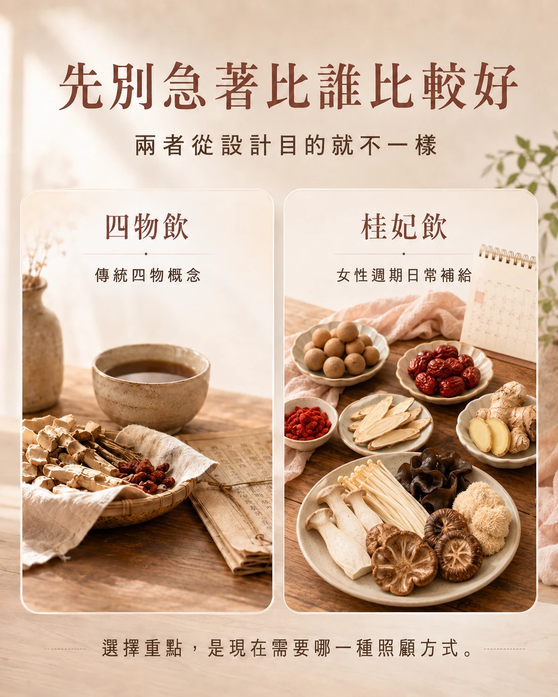 桂妃飲與四物飲設計目的不同的觀念比較