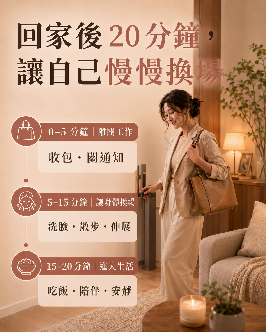 回家後二十分鐘從工作收尾過渡切換到生活模式